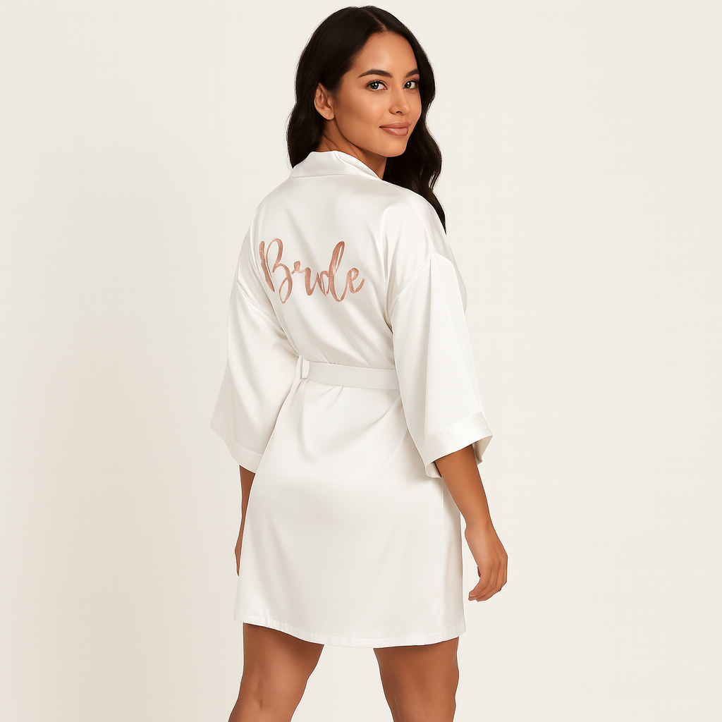 Bata satinada para novia – Personalizada con vinil textil