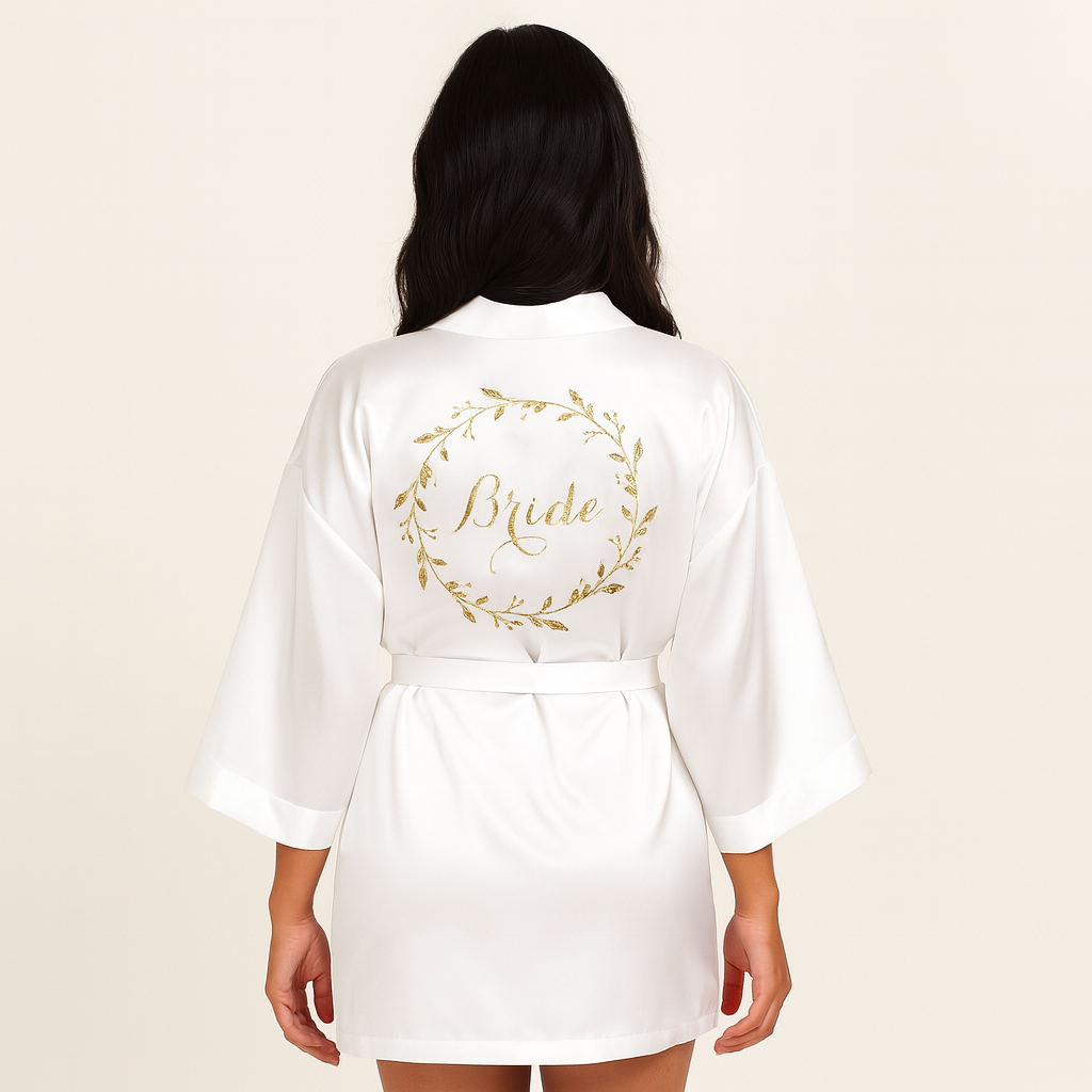 Bata satinada para novia – Personalizada con vinil textil