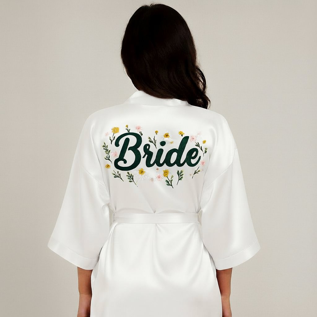 Bata satinada para novia – Personalizada con impresión