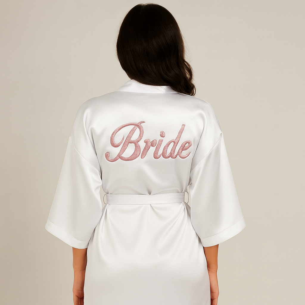 Bata de satín bordada para novia – Diseño "Bride" personalizado
