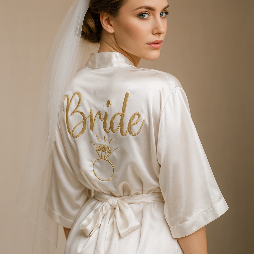 Bata de satín bordada para novia – Diseño "Bride" personalizado