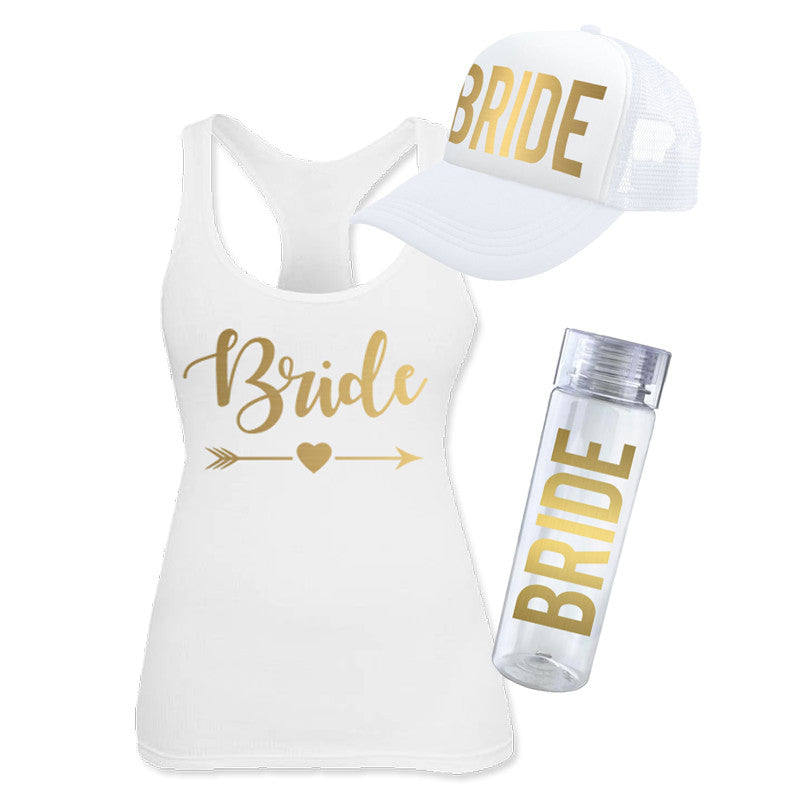 Kit para novia "Bride Gold" (tank top, gorra tipo trucker y ánfora)