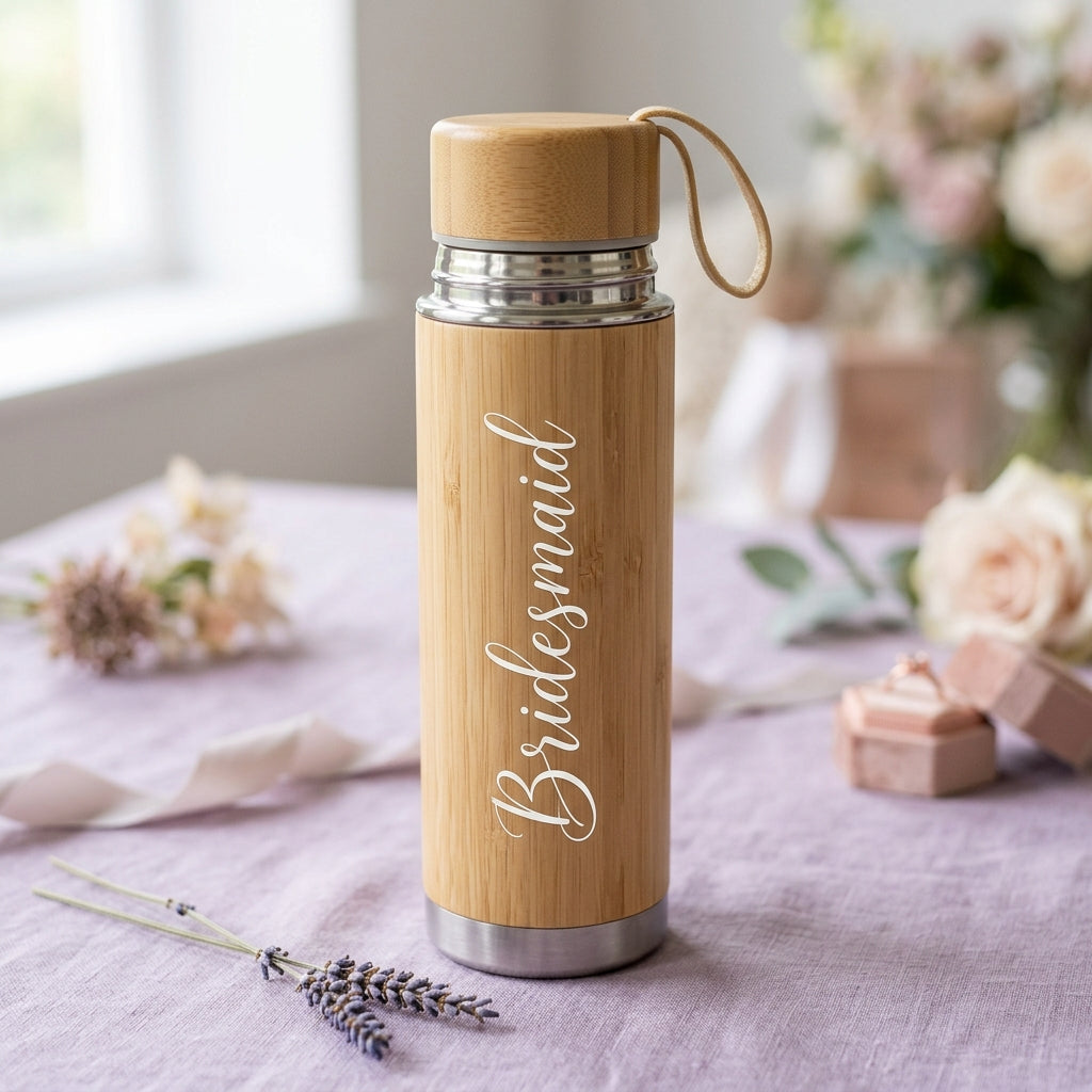 Termo de bambú personalizable con tapa de rosca para despedida de soltera