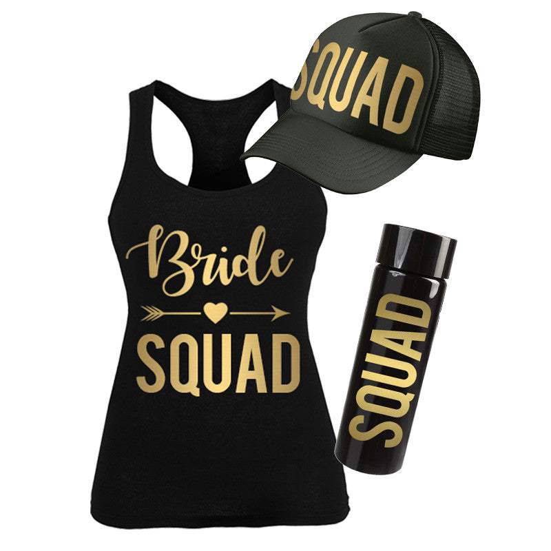 Kit para dama "Bride Squad Gold" (tank top, gorra tipo trucker y ánfora)
